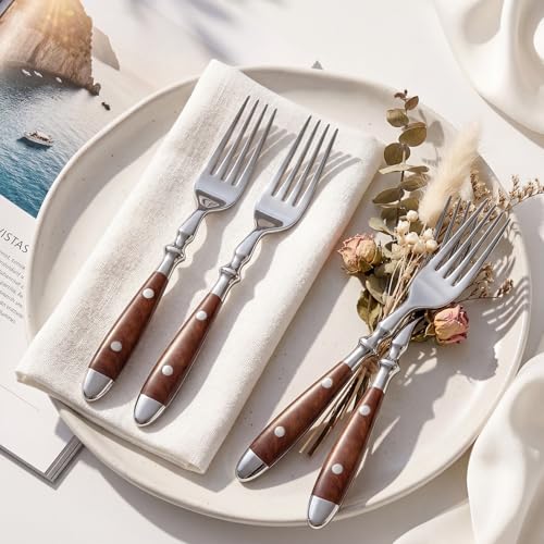 Dinner Forks, 8-Pack Stainless Steel with Wood Grain Bakelite Handle, 7.9 Inches for Salad, Noodle, Dishwasher Safe