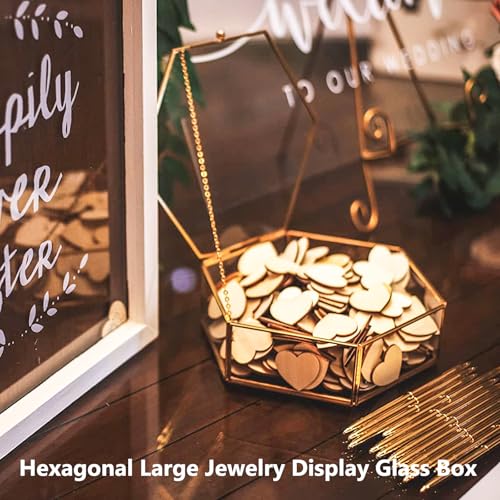 Large Glass Vintage Jewelry Box, Gold Hexagonal Jewelry Display Organizer Large - 8.7x7.5x2.4 inch