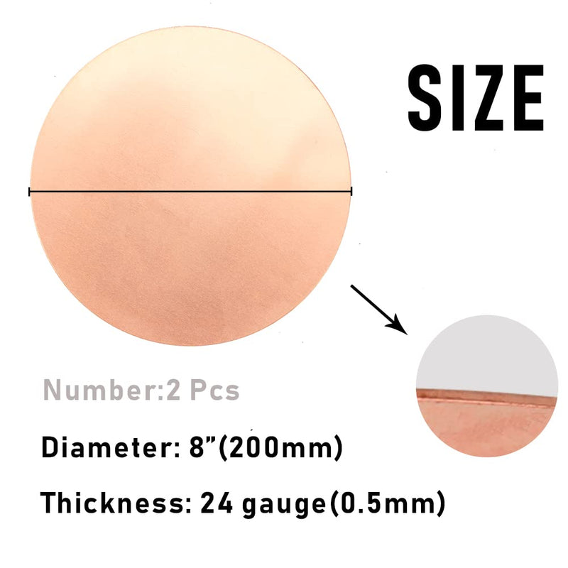 2 Pcs Pure Copper Round Plate, 24 Gauge 0.02" Thickness x 8" Diameter, Copper Metal Sheet for Crafts Dia: 8" Thickness:24Ga/0.5mm