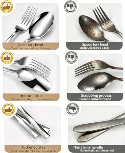 12-Piece Stainless Steel Spoon and Fork Set for Everyday Home Use, Diamond Cut Mirror Polished Heavy Duty Dinnerware, 6x8" Large Forks & Spoons, Dishwasher Safe Flatware Set for Kitchen Restaurant 12PCS (6 Spoons + 6 Forks) 8.26 Inch
