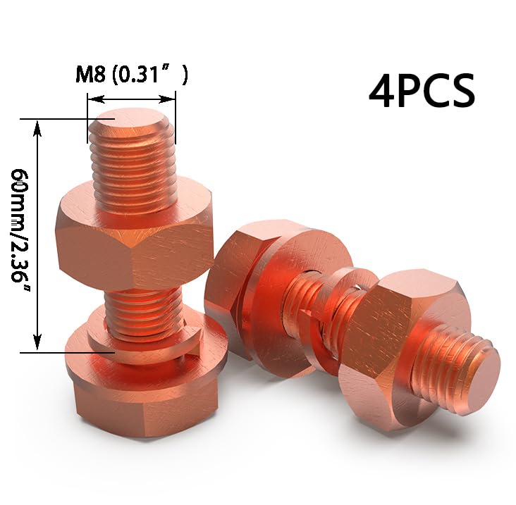 [Australia - AusPower] - 4pcs M8 X 60mm Hexagon Bolts + M8 Hex Nuts + Flat Washers + Spring Lock Washers Kit, T2 Conductive Pure Copper Hex Head Screw Bolt 