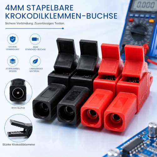 Pack of 10 30A Crocodile Clips, Fully Insulated Crocodile Clip, 4 mm Banana Socket for Test Leads, Multimeter, Cable, Electrical Testing
