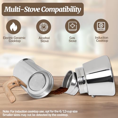Supvision 6-cup stainless steel Moka pot with woodgrain handle, 300ml capacity for stovetop espresso brewing.