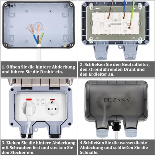 Outdoor Socket Waterproof IP66 2-Way with Switch and Indicator Light | Surface-mounted wall socket 16 A earthing contact garden socket with hinged lid for garage patio wet room outdoor Double socket with switch