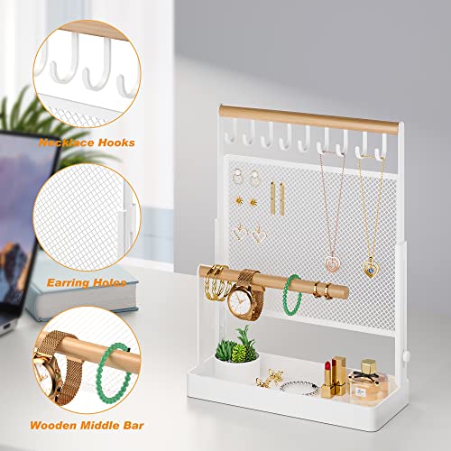 Jewelry Organizer Stand, Liftable Necklace Holder with Earring Organizer Net, 9 Hooks Necklaces Storage Wooden Handing Bar for Bracelets Watches Rings (White) White