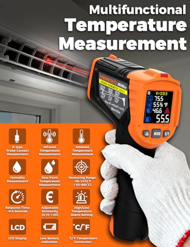IM06MAX Digital Infrared Thermometer Laser -50°C to 800°C with K-Type Probe, IR Pyrometer Temperature Meter with Dew Point Detection for Industry, HVAC, Cooking & Car Repair