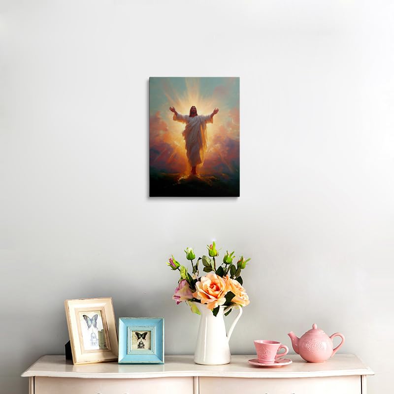 Risen Christ Canvas Wall Art Framed Painting Jesus with Divine Light Rays Outstretched Arms in White Robes Religious Christian Wall Decor Artwork Print Poster 16x24 Inches Illuminating Jesus 24"L x 16"W