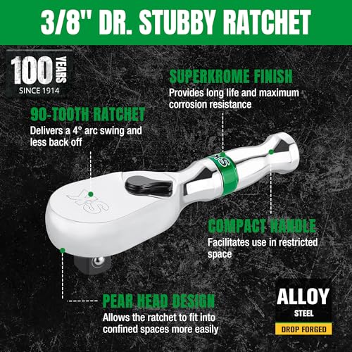 SK 3/8-inch drive stubby ratchet handle with 90-tooth pear head and alloy steel construction