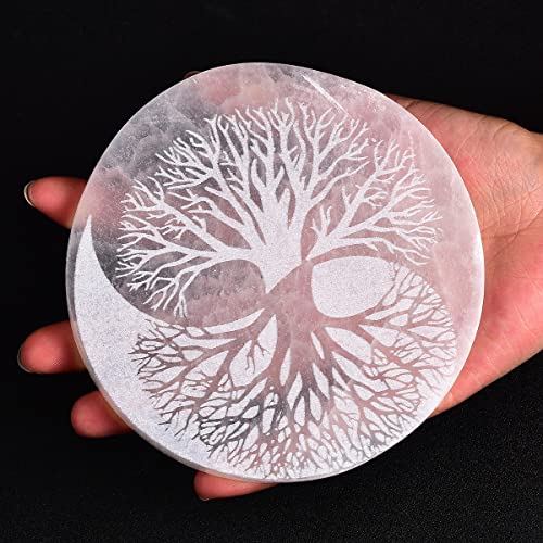 JIC Gem 5" Tree of Life Etched Selenite Charging Plate Round Engraved Selenite Slab Large Healing Crystal Charging Station Tree of Life-5"
