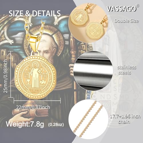 VASSAGO Stainless Steel Saint Benedict Medal Necklace for Women Men Gold