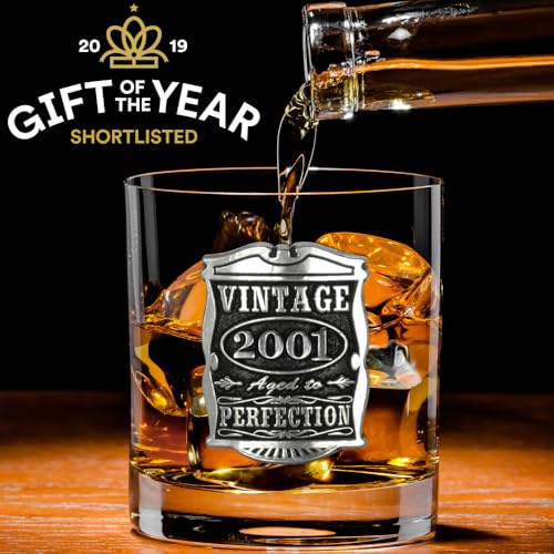 English Pewter Company Vintage Years 2001 25th Birthday or Anniversary Old Fashioned Whisky Rocks Glass Tumbler - Unique Gift Idea For Men [VIN005]