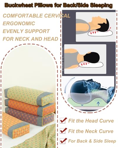 Buckwheat Pillows for Sleeping, Cube Pillow for Neck Pain Relief, Adjustable Loft and Firm, Washable Zipper Pillow Cases, Firm Rectangle Pillow Neck Support for Sleep, 19x9 inch (Grey) Grey