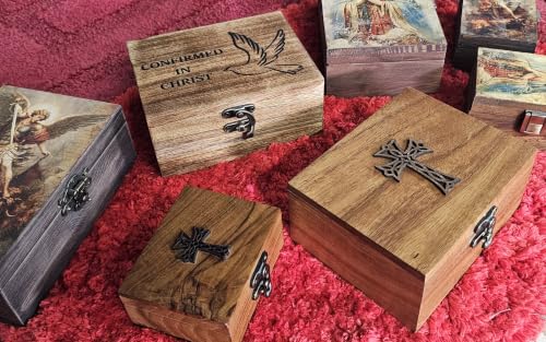 RK Collections Cross Rosary Box Made of Teak Wood | First Communion Jewelry Box | Trinket Box for Rosary Beads, Keepsakes, Small Jewelry and Mementos (5.75" x 4.75" x 2.5") 5.75" x 4.75" x 2.5"