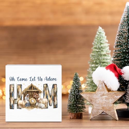 Oh Come Let Us Adore Him Sign Christian Christmas Decorations Religious Bible Gifts for Women Men Baptism Decorations for Home Desk Table Shelf 5 X 5 Inch Christmas 23