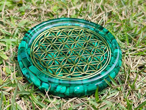 LARGE 4" Malachite Crystals Flower Of Life Coaster Water Charging Plate Energy Dome