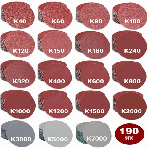 Stebruam Pack of 190 Sandpaper 50 mm Velcro Grit 40-7000 Sanding Discs | 2 Inch Sanding Pads Kit Polishing Pad Adapter 50 mm Sanding Discs Pads for Car Wood Furniture Painting DIY 190 pieces, grit 40-7000