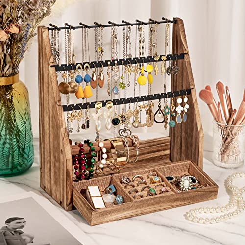 DGWJSU Jewelry Organizer Stand, Rustic Wood 5 Layer Earring Organizer Rustic Brown