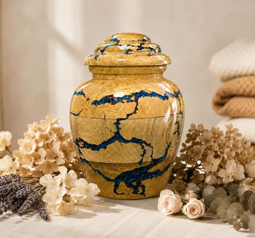Handcrafted Cherry Wood Cremation Keepsake Urn with Blue Epoxy Inlay – Solid Hardwood Mini Urn for Human or Pet Ashes – Elegant Funeral Memorial (Small, 15 Cubic Inches) Small – 2.5" Dia × 5" H – 15 Cubic Inches