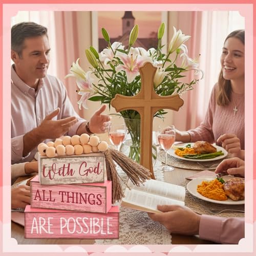 Lineshading 4 Pcs Christian Table Decor Pink God All Things are Possible with God All Things Are Possible