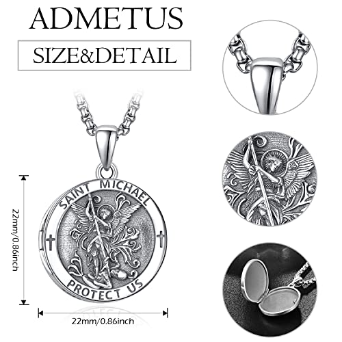 ADMETUS Locket St Michael Necklace for Men Sterling Silver Locket Saint Michael Necklace for Men Double Sided Round St Archangel Michael Pendant Sigil Protection Jewellery Religious Gifts