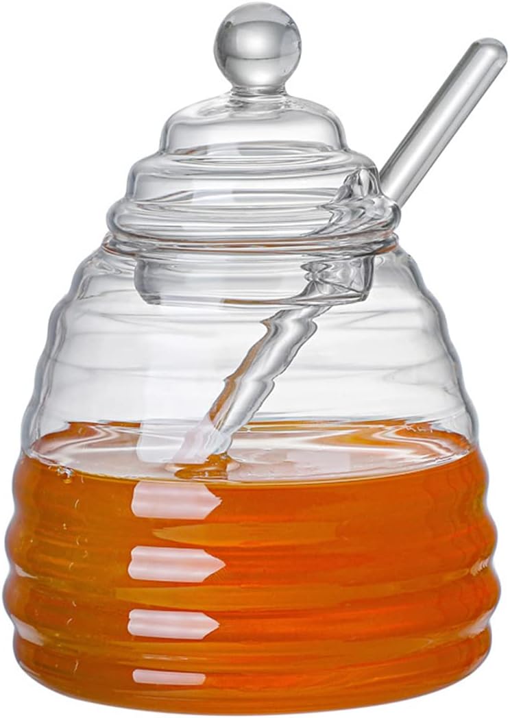 [Australia - AusPower] - Hedume Honey Jar with Dipper and Lid, Honey Bee Pot, 17oz Glass Beehive Honey Pot for Home Kitchen 