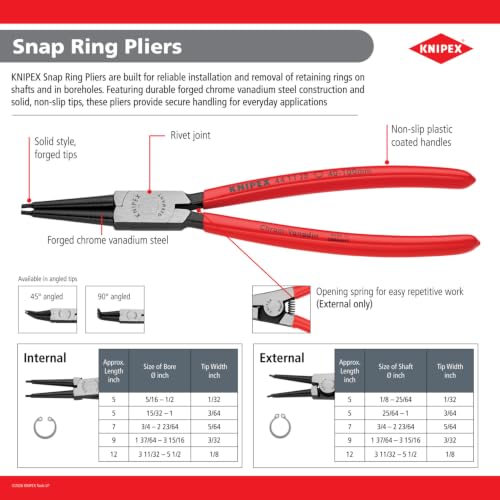 KNIPEX Internal Snap Ring Pliers-Forged Tips, 12.75
