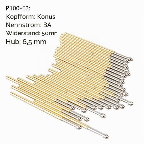 Pogo Pins, Pack of 100 P100-E2 Spring Contact with 1.5 mm Diameter and Tapered Head, Ideal for Electronics Testing, Test Tools, LED Assembly and Measuring Applications, Precise and Reliable