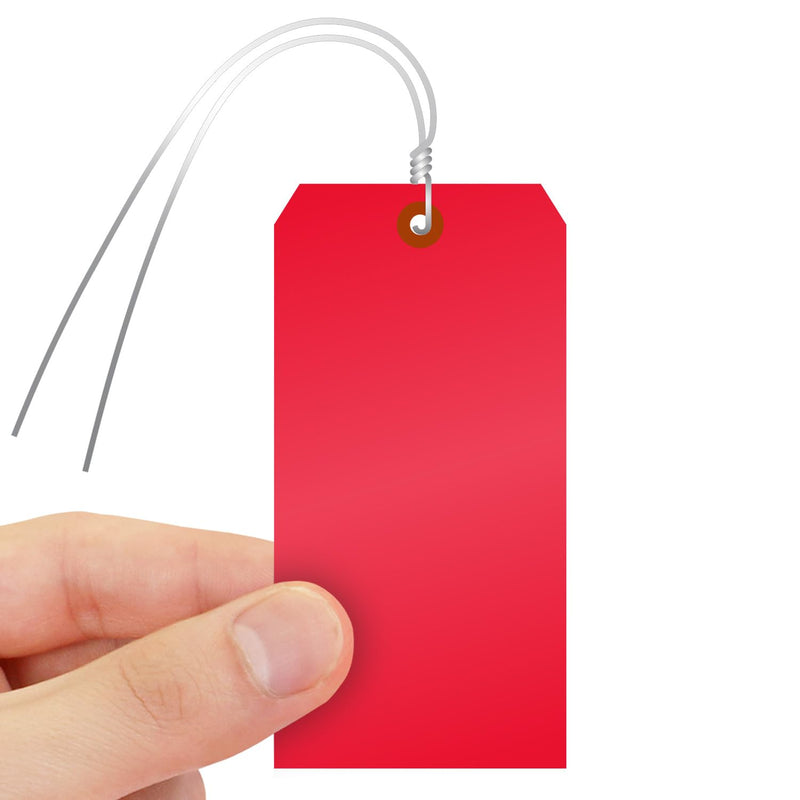 SmartSign (Pack of 100) Red Plastic Tags with Wires, 6.25 x 3.125 inch, Metal Eyelet, 10 mil Tear-Proof Polylith Plastic, Writable