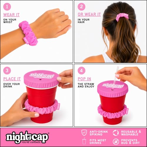 NightCap Drink Cover Scrunchie, Anti Spiking Drink Protector for Women 4 Pack Black