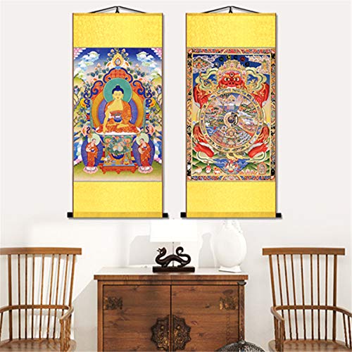 Zzooi Tibetan Buddhism Art Siddhartha Gautama Silk Wall Art Hanging Scroll,Tibetan Buddhism Hanging Thangka Gautama Buddha