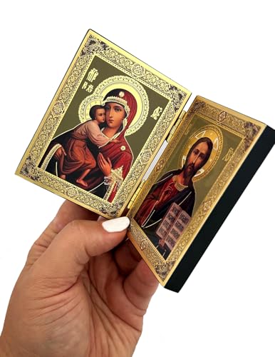 Needzo Christ The Teacher and Madonna and Child Virgin Mary Orthodox Catholic Icon Diptych 5 Inch Wide, Religious Gift For Woman Men