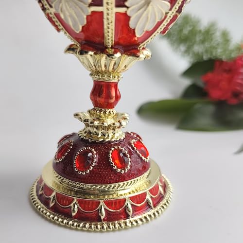 Enamel Big Pearl Easter Egg Figurine Jewelry Box Faberge Egg Hand Painted Trinket Container Ornamental For Home & Office Decor Red