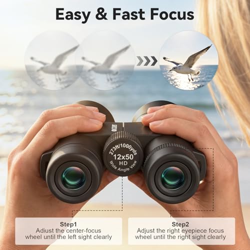 12x50 HD Binoculars for Adults, Easy Focus High Powered Low Light Vision black