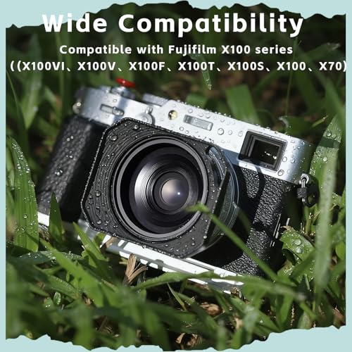 Haoge Square Metal Lens Hood for Fujifilm Camera X100VI Fuji X100V X100F X100T X100S X70 with 49mm Uv Filter Adapter Ring Accessories Hollow Out Designed Black Black-Hollow Out
