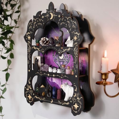 Floating Shelf for Crystals Rocks Gems Healing Stones, Trinket Knick Knack Shelf Crystals Holder Organizer, Wooden Wall Shelf for Witch Witchy Wiccan Decor Spiritual Gifts