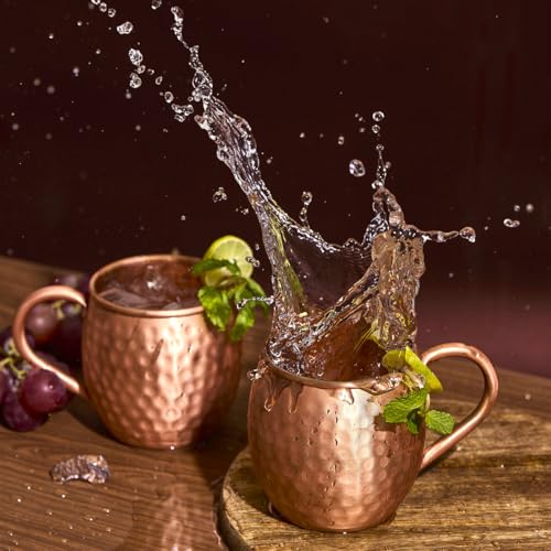 BOLD & DIVINE Pure Copper Moscow Mule Mugs Set of 4 – Handcrafted Hammered Copper Cups – Authentic Cocktail Mug Set for Moscow Mule, Beer, Iced Tea & Cold Drinks