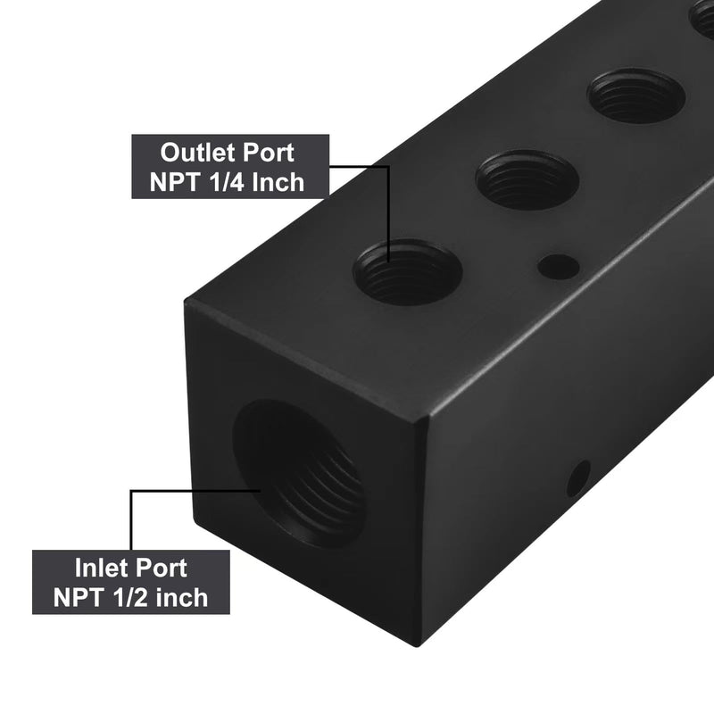 [Australia - AusPower] - Air Manifold, 6 Way 8 Port Air Compressor Manifold, Aluminum Air Hose Inline Manifold Block Splitter, Pneumatic Manifold Air Distribution Block, NPT 1/2 Inch Supply Port, NPT 1/4 Inch Output Port 
