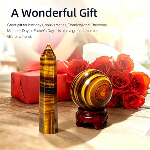 Natural Tiger Eye Crystal Sphere and Column with Base - Spiritual Energy Gemstone Art Piece for Feng Shui Home Decoration（Tower:5.91" Tall, Sphere:1.97‑2.36" Diameter） Tiger's Eye
