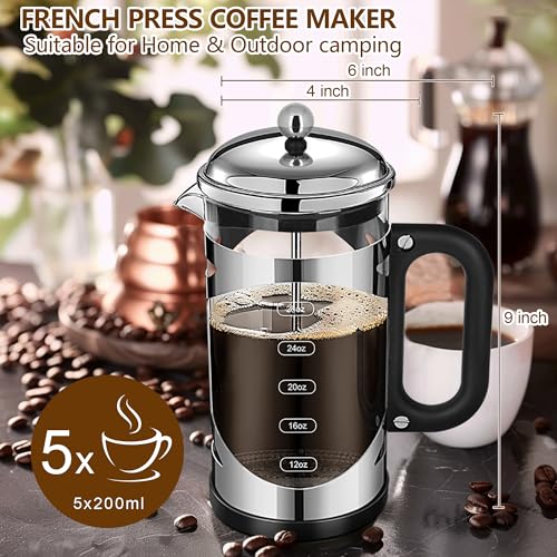 YMMIND 34 Ounce French Press Coffee Maker Chromium Stainless Steel Coffee Press, with 4-Level Filter System, Heat Resistant Thickness Borosilicate Glass, BPA-Free Brewed Coffee Pot for Camping Gifts Silvery-R 34 oz