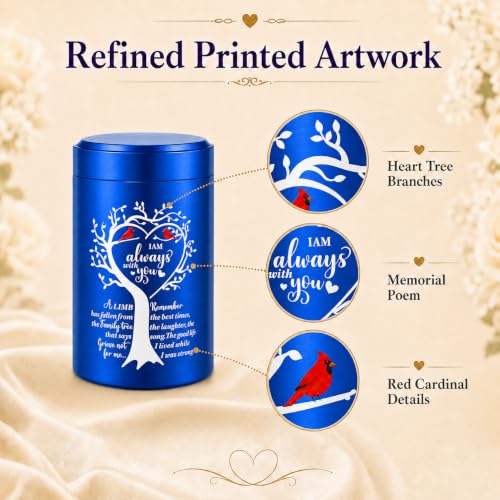 3.62 Inch Small Urns for Human Ashes Adult Man Woman, Set of 2 Mini Urns for Human Ashes, Memorial Funeral Sharing Cremation Urns Set with Two Cardinal Birds, Blue 2 Pack - Heart-Blue