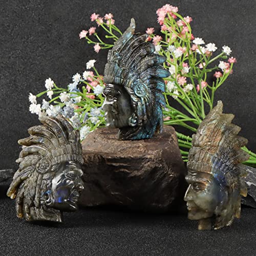 3.2inches Labradorite Crystal Skull Indian Chiefs Hand Carved Bust Head Figurines Art Sculpture Healing Gemstone