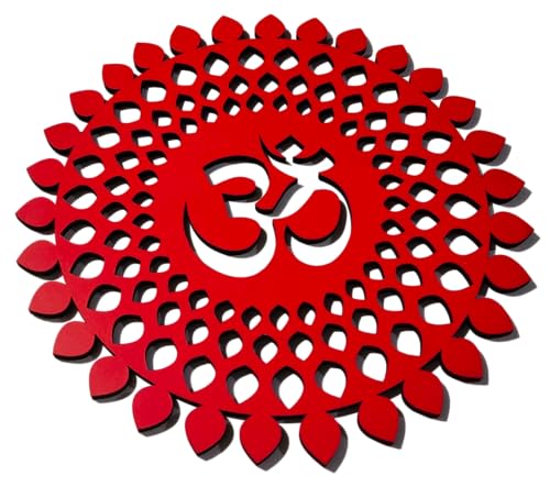World Wide Kart 30x30cm Red Om Round Decorative Wall Art Mdf Wooden Om Chakra For Temple, Living Room, Bedroom, Office, Hotel, Home Decor Items, Gift Item, Mandala Wall Hanging For House Decoration MANDALA OM-RED 12"L x 12"W