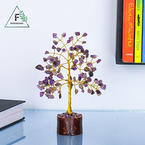 FASHIONZAADI Amethyst Bonsai Money Tree Feng Shui Crystal Gemstone Trees Chakra Stone Healing Crystals Trees Good Luck Home Office Table Décor Health Prosperity Size 7-8 inch (Golden Wire)