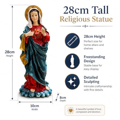 JRose Collections Virgin Mary Sacred Heart Statue 28cm – Hand Painted Resin Catholic Religious Figurine with Gold Halo – Our Lady Ornament for Prayer Altar, Home, Church, Memorial & Christian Gift