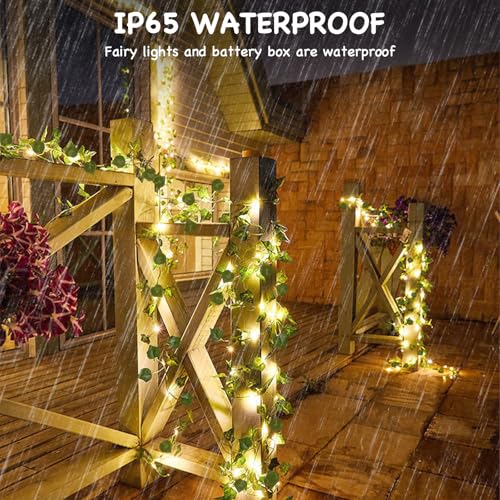 Gcstnn Ivy Fairy Lights, 2M 20LEDs Fake Vines with Lights Battery Operated with 6h Timer, IP65 Waterproof Ivy Leaf Garland Artificial String Lights for Bedroom Wall Garden Decorations
