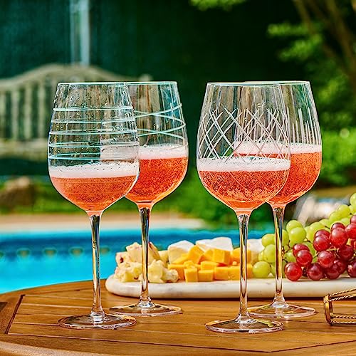 Cordial Glasses Set of 4-16oz. Clear Etched Red and White Unique Long Stem Wine Glass Cups for Alcohol Party, Wedding, Home 16oz