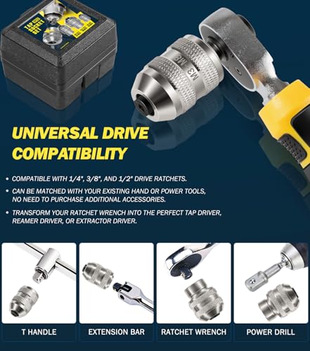 Adjustable Tap Socket Set, 3-Piece Low-Profile Tap Holder for Ratchet Wrench, 1/4", 3/8", 1/2" Drive, Fits Taps/Reamers/Extractors with Square Shank M3–M19, Heavy-Duty CR-MO Steel for Pros & DIY