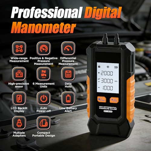 Digital Differential Pressure Gauge, -101-200 kPa Pressure Gauge ±0.5% FS High Precision Gas Pressure Gauge 6 Units Switch Air Pressure Gauge, Data Hold Function Mini Differential Pressure Gauge