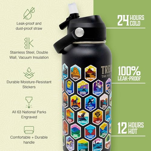 Trekking The National Parks Water Bottle with 63 Waterproof Stickers & 3 Lids (Straw, Spout, & Chug) | 32 Oz Insulated Wide Mouth Stainless Steel Bottle for Camping & Hiking | BPA-Free and Leak-Proof Black