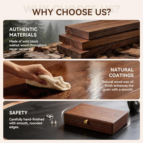 Black Walnut Wooden Jewelry Box, Velvet Lined Necklace Organizer for Women 1 Layer